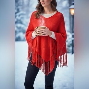 Max Studio Orange Fringed Poncho